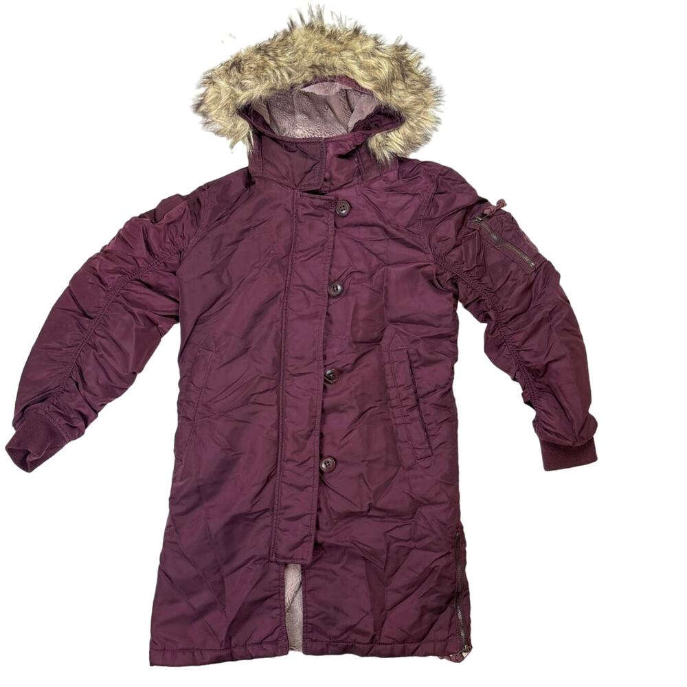 Abercrombie & Fitch Womens Maroon Red Fur Trim Hooded Lined Parka Jacket Size XS